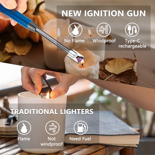 YOZWOO Electric Candle Lighter Plasma Flameless Electronic Lighter Arc Windproof USB Lighter Rechargeable Lighter with Safety Lock LED Battery Display for Camping, BBQ, Grill (Blue)