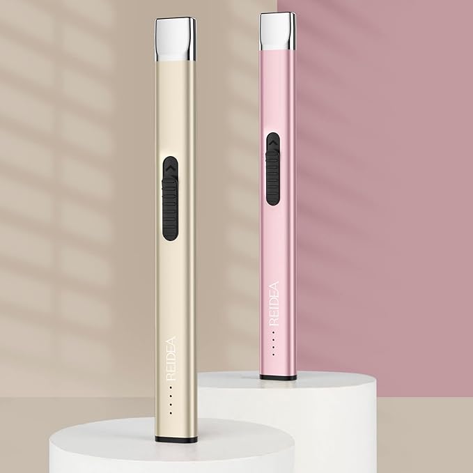 REIDEA Electric Lighter Candle Lighter, Retractable Top Windproof Flameless USB Rechargeable Arc Lighter with Safe Button and Power Indicator for Candle, BBQ and Fireworks, R1 Flat, Champagne Gold