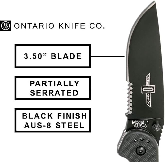 Ontario Knife Co. 8847 Rat-1 Black Coated AUS-8 Stainless Steel 3.6 in Serrated Edge Blade Nylon Handle 4-Position Reversible Clip Folding Knife for Outdoor, Tactical, Survival & EDC (Black)