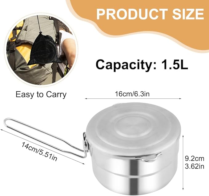 Stainless Steel Camping Cook Pot with Lid and Folding Handle Camping Cookware 1.5L Large Capacity Bento Pot for Camping, Hiking, Picnic