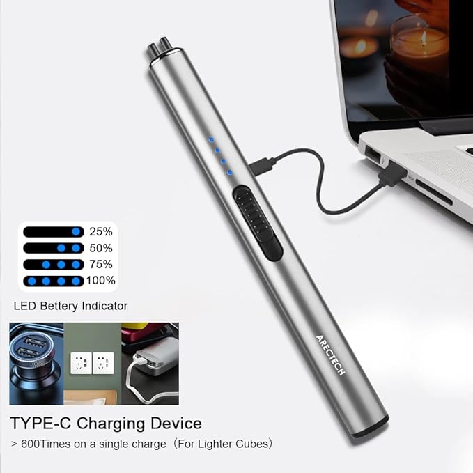 ARECTECH Electric Candle Lighter Rechargeable Lighter Arc Plasma Lighters for Candle Kitchen Camping Christmas Type-C Silver