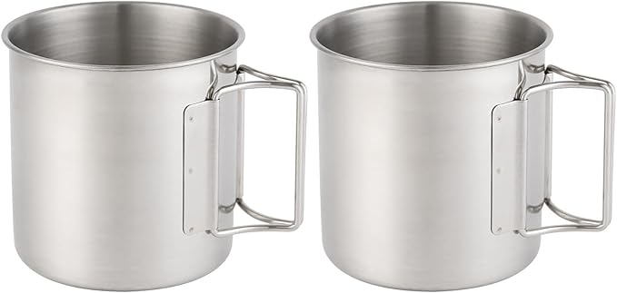 Stainless Steel Camping Mugs Outdoors Cup with Foldable Handle 2 Piece Set 660ml/22.3oz Great for Backpacking , Hiking, Hunting, Fishing and Survival Adventure