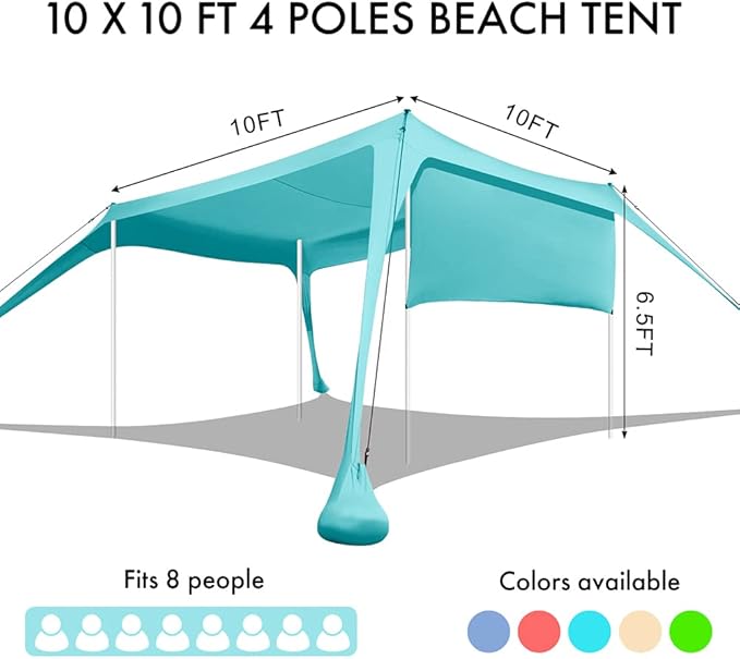 Beach Canopy Tent Shade with Sidewalls 10x10FT, 6.6FT Tall, UPF50+ Sun Shelter, Windproof & Water Resistant, Includes Guylines Sand Shovel Stability Poles, Easy Up for Beach Outdoor Camping Backyard