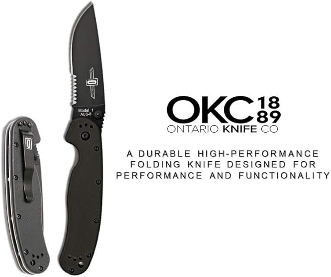 Ontario Knife Co. 8847 Rat-1 Black Coated AUS-8 Stainless Steel 3.6 in Serrated Edge Blade Nylon Handle 4-Position Reversible Clip Folding Knife for Outdoor, Tactical, Survival & EDC (Black)