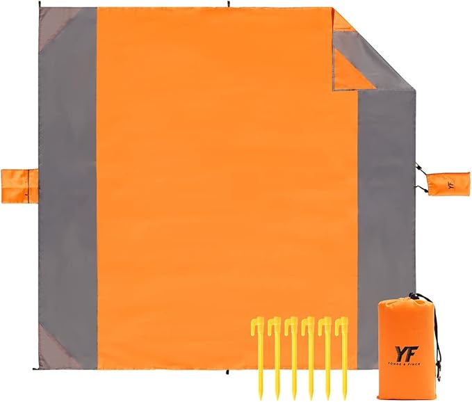 Yonge & Finch Large Beach Blanket Sandproof Heat-Resistent Beach Mat Machine Washable Camp Blanket Packable Pocket Blanket Waterproof Outdoor Blanket Fit 4-7 Persons 83 * 79inch Orange