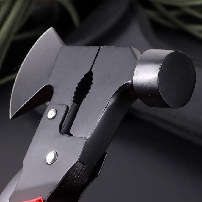 Multitool Axe Hammer Camping Tool, 14 in 1 Stainless Steel Multi tool with Hammer Axe Knife Plier Screwdrivers Saw Bottle Opener (Red) and Durable Sheath for Men Gifts
