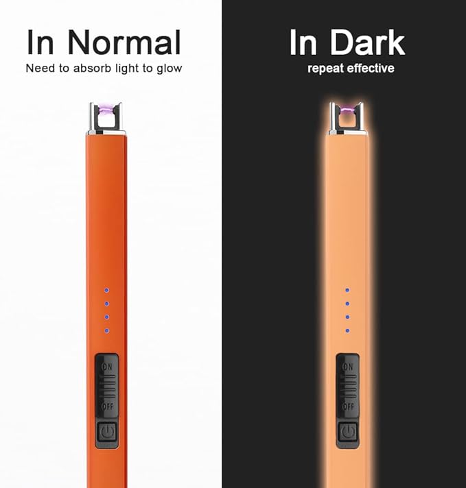 SUPRUS Fluorescent Lighter Glows in The Dark Electric Lighter Candle Lighter Rechargeable USB Arc lighters with Safety Lock Windproof Flameless Plasma for Candle BBQ Camping (Orange)