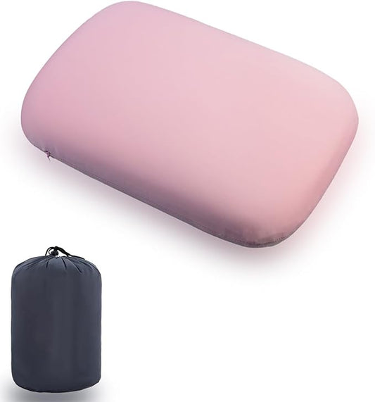 Camping Pillow Small Travel Pillow Memory Foam Bed Soft Neck Pillow Lightweight Easy to Carry Portable Cooling Home Pillow Removable Pillow Cover with Travel Storage Bag(Pink)