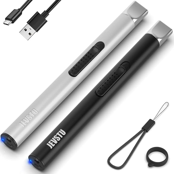 Candle Lighter, Electric USB Rechargeable Lighter, Arc Plasma Electronic Windproof Flameless Long Lighter with Safety Switch Hook for Kitchen, Silver and Black