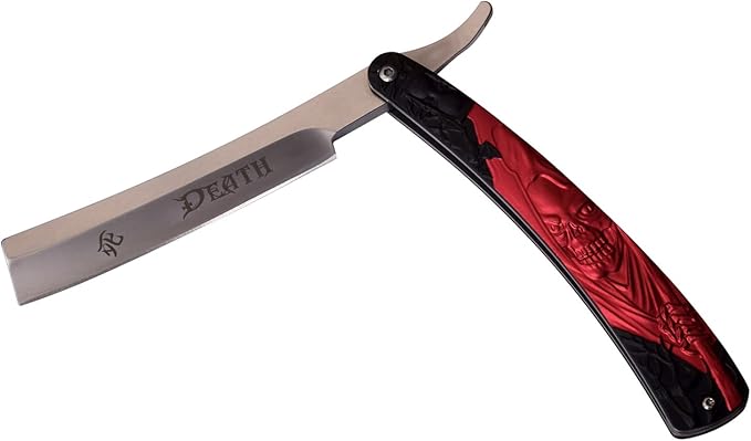 Razor Style Folding Pocket Knife – Satin Finish Stainless Steel Blade w/Red & Black Grim Reaper Design Aluminum Handle, EDC, Shave, Shaving, Fantasy, Collectible, DS-016RD