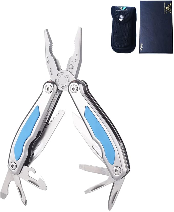 Folding Multitool Pliers Bottom Bone Elastic Forceps Clamp Multifunction Fine Blanking Pocket Pliers with Nylon Sheath and Gift Box Suitable for Home/Camping/Travel/Hiking/Outdoor Blue