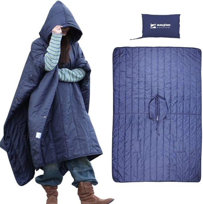 DUKUSEEK Outdoor Wearable Camping Blanket, Large Packable Backpacking Hooded Stadium Blankets, Lightweight Warm Quilt for Picnic, Hiking, Football, 79"x59", Wine Red