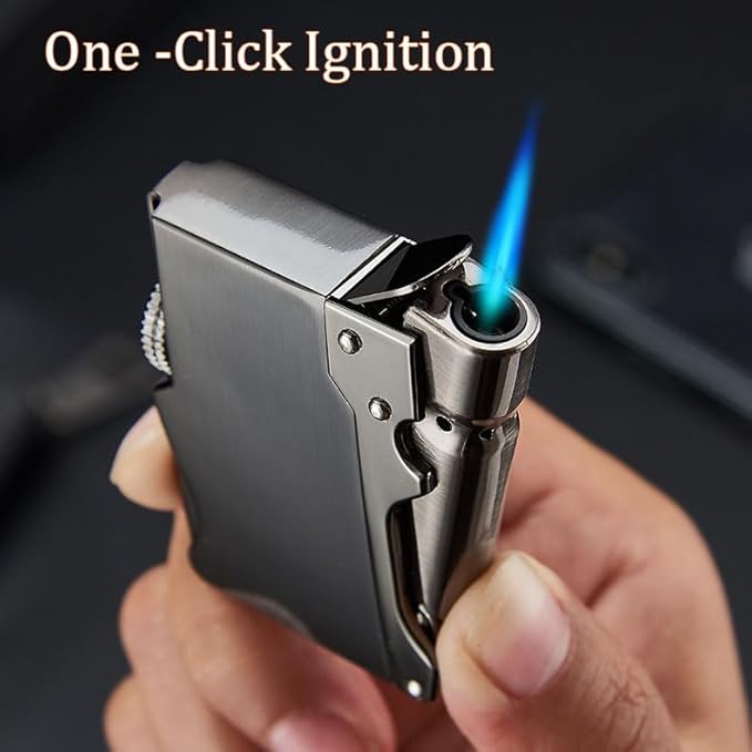 Torch Lighter, Refillable Butane Lighter, Jet Blue Flame Lighters, Windproof Lighter Adjustable Strong Flame Lighter, for Hiking Camping Fireplace Grill Camping BBQ Lighter (Without Gas) (Gold)