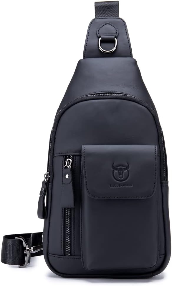 KPYWZER Leather Sling Bag Hiking Daypack for Men Women Outdoor Travel Camping Fishing Crossbody Shoulder Chest Pack Backpack Daypack Black