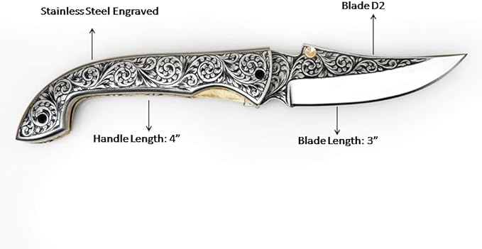 GLADIUS CRAFTS" 9-inch Hand-Crafted Folding Knife - 3-inch D2 Steel Blade with 4-inch Hand-Engraved Stainless Steel Handle - Ideal for Collection, EDC Tool, or any other Practical Use - An Extraordinary Gift