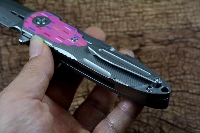 TWO SUN Spear Point 14C28N Folding Blade Hunting Knives Flipper Fast Open TC4 Titanium Handle TS514, pink