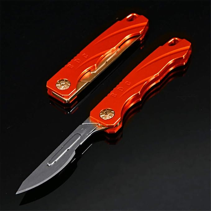 Mini EDC Pocket Knife,Aluminium Alloy Handle Carbon Steel Blade Folding Knife with 10 Extra Replaceable Blades,Portable Lightweight and Compact (Orange)