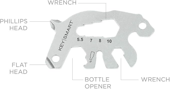 KeySmart AllTul Bear - 4-in-1 Everyday Carry Multi-Purpose Keychain Multitool with Bottle Opener, Wrench, Philips Head and Flat Head Ideal Utility Tool for Camping, Fishing Etc.