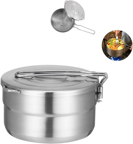 Stainless Steel Camping Cook Pot with Lid and Folding Handle Camping Cookware 1.5L Large Capacity Bento Pot for Camping, Hiking, Picnic
