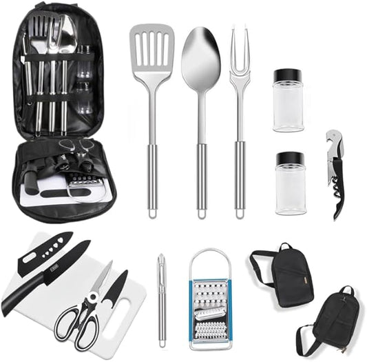 Camping Kitchen Utensil Set Outdoor Kitchen Gear, Outdoor Cooking and Grilling Utensil Travel Set Perfect for Camping Accessories Cooking, RV Camp. Camping, BBQs, Parties and More