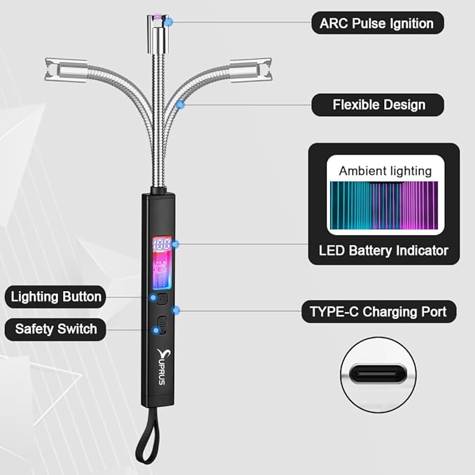 SUPRUS Electric Candle Lighter USB-C Rechargeable with Digital Battery Display Ambient Lighting Safety Switch 360° Flexible Neck Flameless Plasma Windproof Perfect for Candle BBQ Camping (Blue)