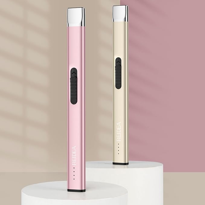 REIDEA Electric Lighter R1 Flat Candle Lighter, Windproof Flameless USB Rechargeable Arc Lighter with Safe Button and Power Indicator for Candle, BBQ and Fireworks, Rose Gold