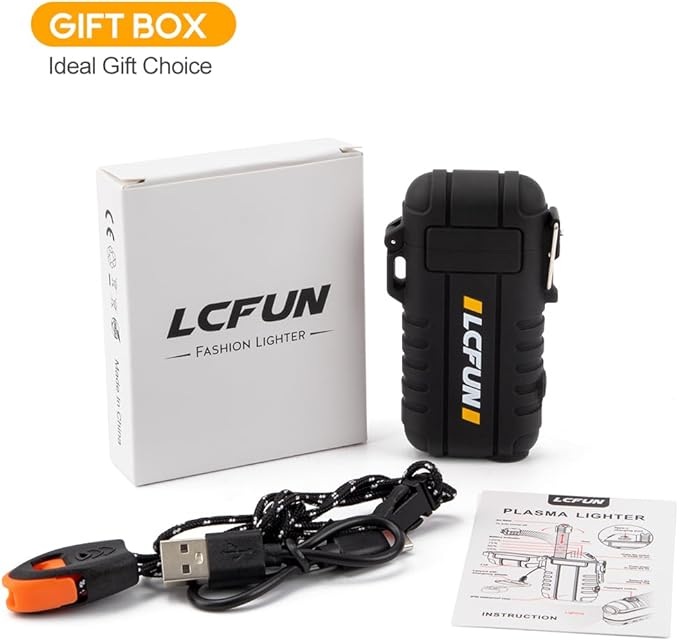 LcFun Electric Dual Arc Lighter USB Rechargeable, Windproof Plasma Lighters with LED Battery Indicator, Waterproof Flashlight Lighter with Whistle Lanyard for Camping, Survival Gear