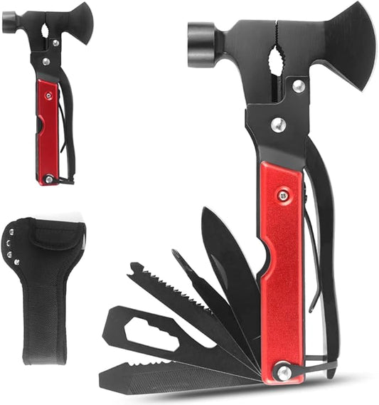 Multitool Axe Hammer Camping Tool, 14 in 1 Stainless Steel Multi tool with Hammer Axe Knife Plier Screwdrivers Saw Bottle Opener (Red) and Durable Sheath for Men Gifts