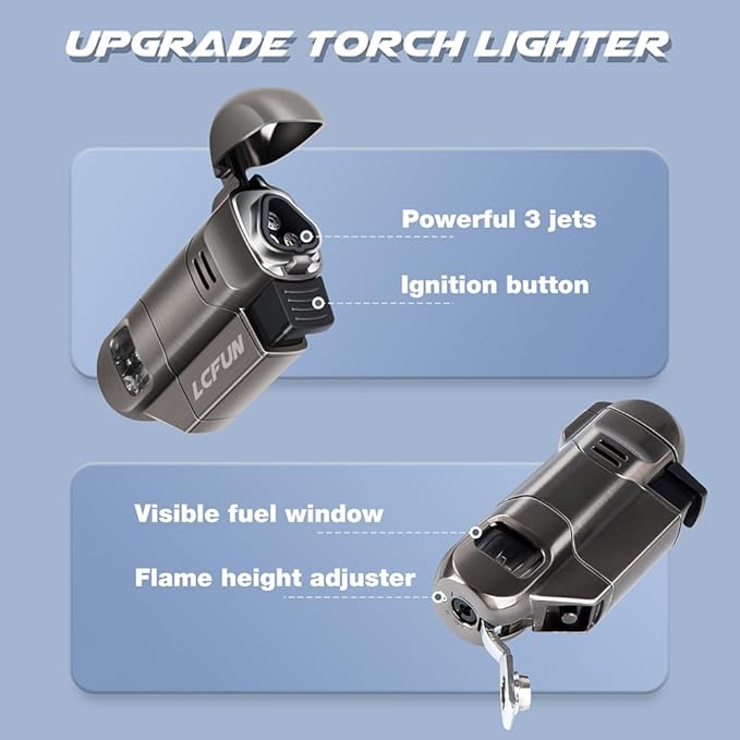 LcFun Torch Lighter 1 Pack Triple Jet Lighter Gas Fuel Refillable Butane Lighters Windproof Lighters for Camping, Incense, Fireworks (Gas Not Included)