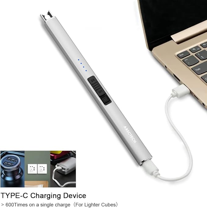 ARECTECH Lighter Electric Lighter Candle Lighter Rechargeable Type-C USB Lighter Plasma Arc Lighters for Candle Camping Kitchen Silvery