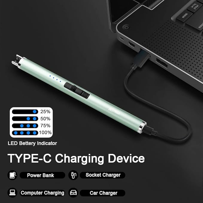 USB Rechargeable Candle Lighter Electronic Arc Lighter Windproof Flameless with Safety Button for Camping Cooking BBQ (Green)