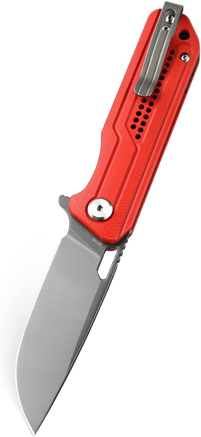 BESTECH KNIVES Pocket Folder Folding Knife: 3.23" K110 Steel Grey Titanized Blade, G10 Scales, Flipper, Liner Lock, EDC Titanium Clip, BG35C-2 (Red)