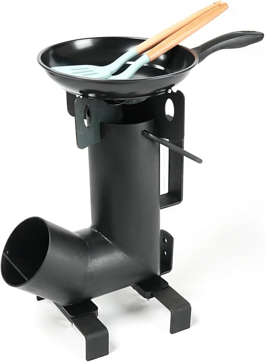 Wood Burning Rocket Stove, Camping Rocket Stove for Outdoor Cooking with Skillet, Camp Cooking and Emergency Situations