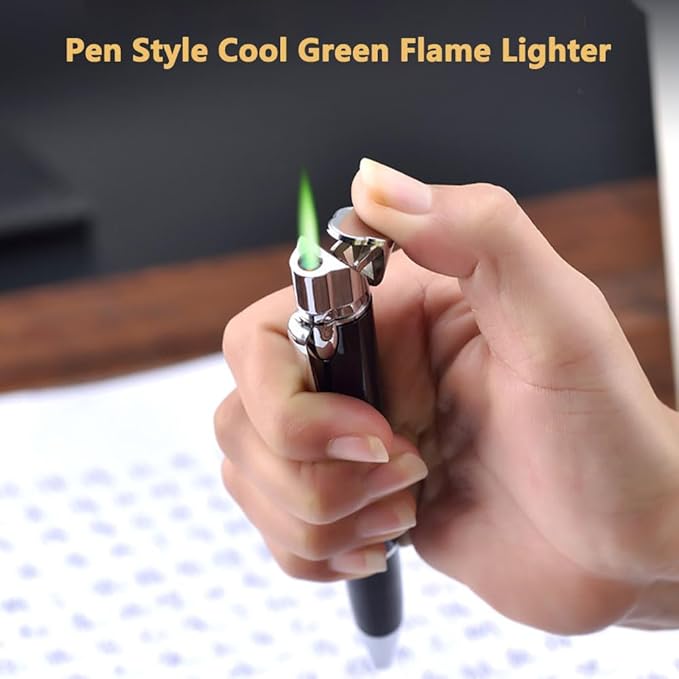 Butane Torch Lighter - Ballpoint Pen Lighter, Windproof Solar Beam Torch, Refillable Adjustable Green Flame Cool Lighter for Candle Camping BBQ Kitchen, Mens Gifts (Without Gas) (Brown)