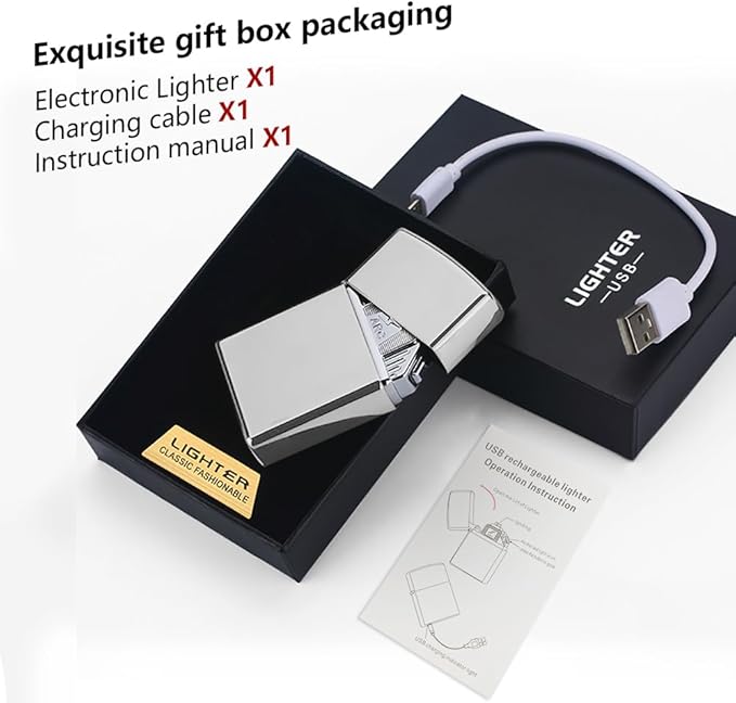 Electric Six Arc Lighter Plasma Lighter Lighter Rechargeable USB Lighter No Butane Lighter Windproof Flameless Lighter Cool Lighter with Gift Box for Men, Women, Holiday(Silver)