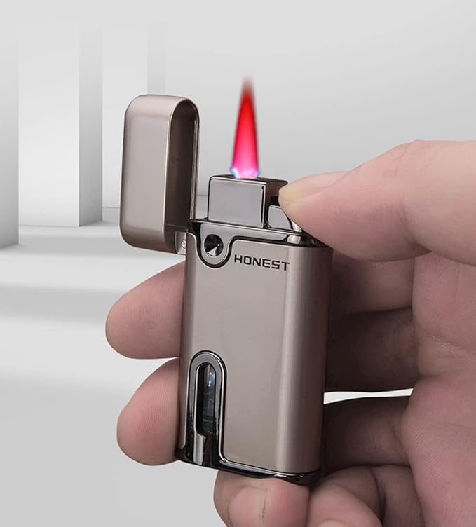 Slim Torch Butane Lighter with Red Flame, Refillable Butane Cigar Lighter, Fuel Visible Window Windproof Lighter for Grill BBQ Camping (Butane NOT Included) (Black)