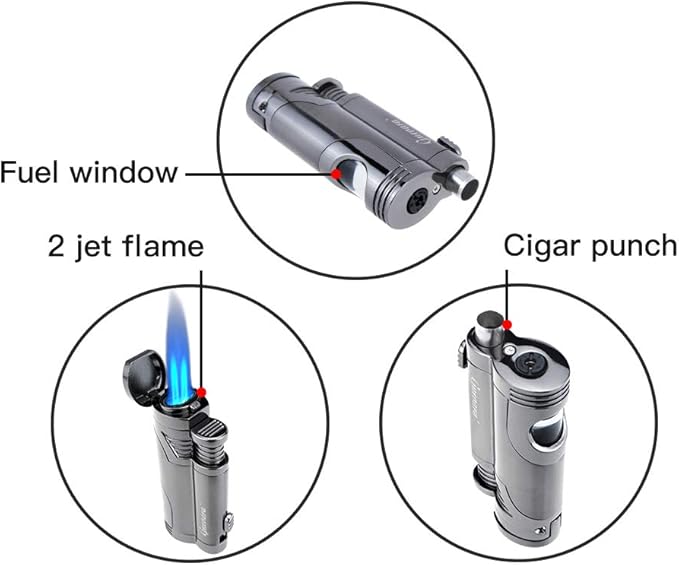 Cigar Lighter Butane Torch Lighters Fuel Refillable Lighter with Punch Cutter and Set Strong Flame Windproof Lighter for Men