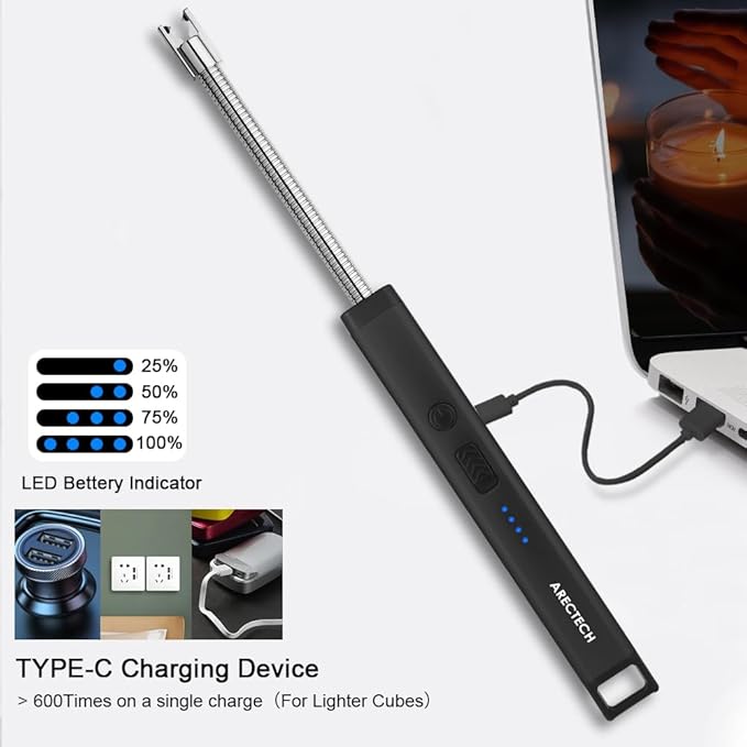 ARECTECH Lighter Candle Lighter Electric Lighter Rechargeable USB Arc Lighters for Candle Camping Fireworks Christmas Birthday Gifts with LED Light for Men Women Black