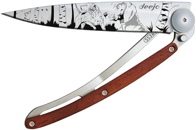deejo - Ultra-Light Folding Pocket Knife with Belt Clip - 1.3 OZ Coral Wood Version - Thin and Sharp Blade - Hunting Day Pattern - in Stainless Steel - Elegant and Modern Design