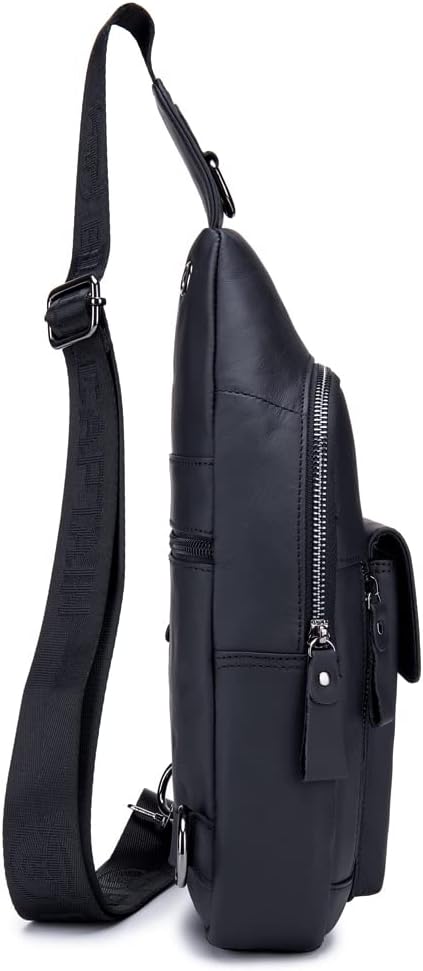KPYWZER Leather Sling Bag Hiking Daypack for Men Women Outdoor Travel Camping Fishing Crossbody Shoulder Chest Pack Backpack Daypack Black