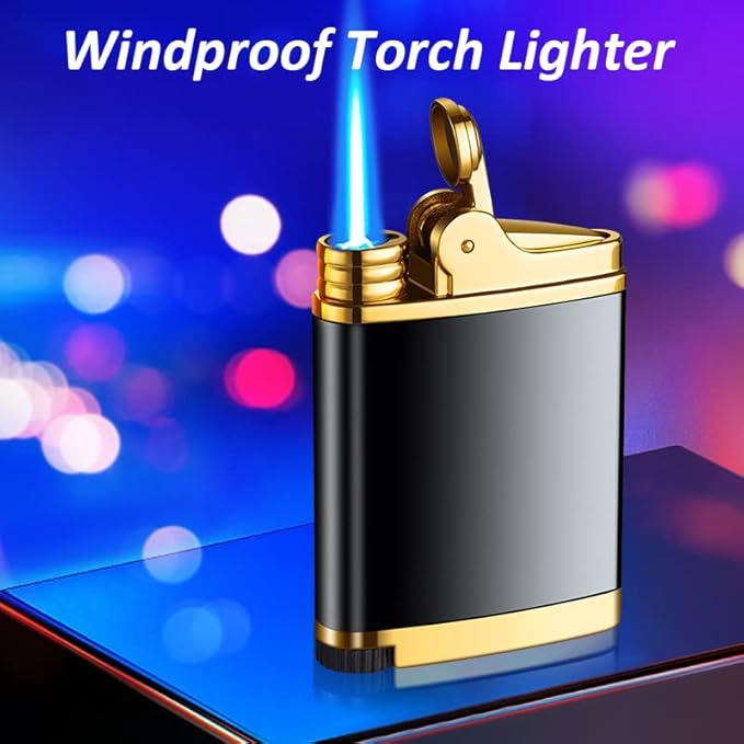 Pocket Torch Lighter, Jet Flame Butane Lighter with Flame Dial, Refillable Torch Lighter, Windproof Jet Lighter for Hiking Camping, No Gas (Gold)