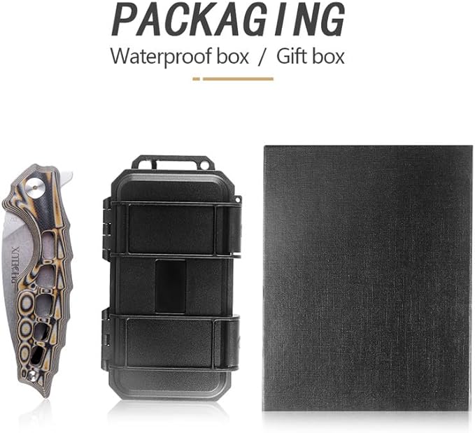 7.51" Pocket Folding Knife- D2 Blade and G10 Handle(Orange Feather Pattern) EDC Knife with Pocket Clip, Liner Lock and Waterproof Box, Good for Survival Camping, Outdoor, Hiking, Hunting