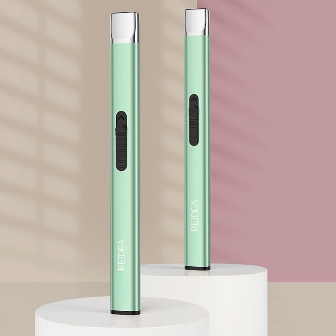 REIDEA Lighters 2 Pack R1 Flat Electronic Candle Lighter, Windproof Flameless USB Rechargeable Arc Lighter with Safe Button and Power Indicator for Candle, BBQ and Fireworks, Mint Green