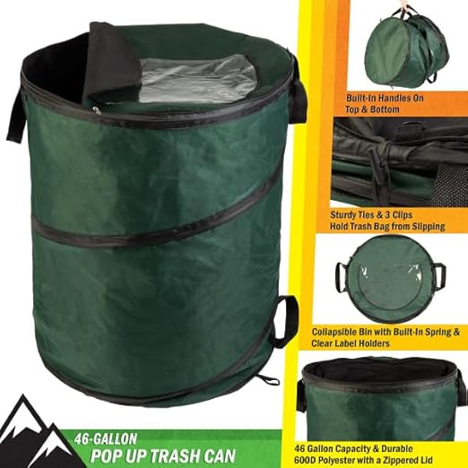 Wakeman Outdoor Trash Can - 46-Gallon Collapsible Garbage Can with 3 Stakes - Pop Up Trash Can for Camping, Storage, or Yard Waste Outdoors (Green)