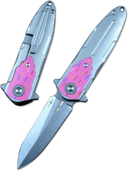 TWO SUN Spear Point 14C28N Folding Blade Hunting Knives Flipper Fast Open TC4 Titanium Handle TS514, pink