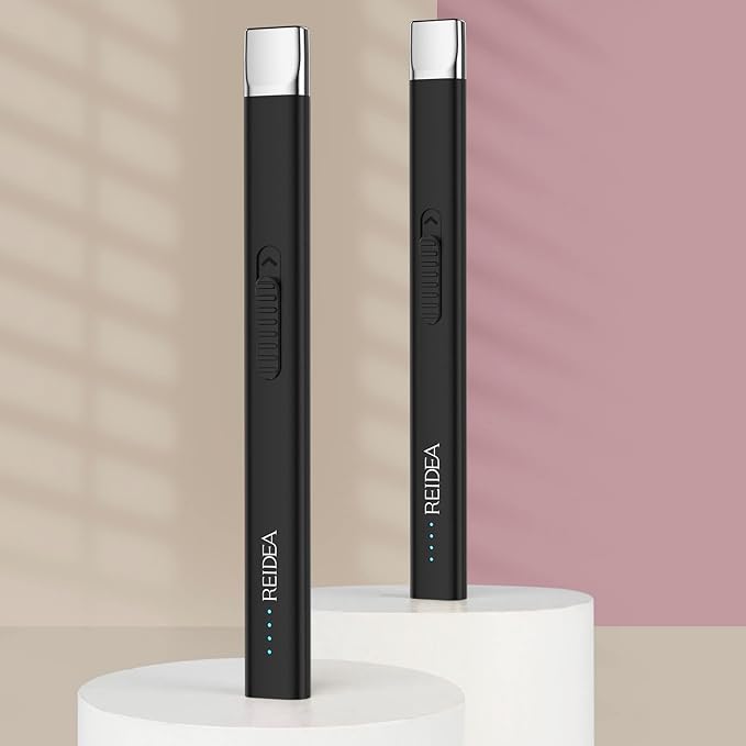 REIDEA 2 Pack Electric Lighter R1 Flat Candle Lighter, Windproof Flameless USB Rechargeable Arc Lighter with Safe Button and Power Indicator for Candle, BBQ and Fireworks, Obsidian Black