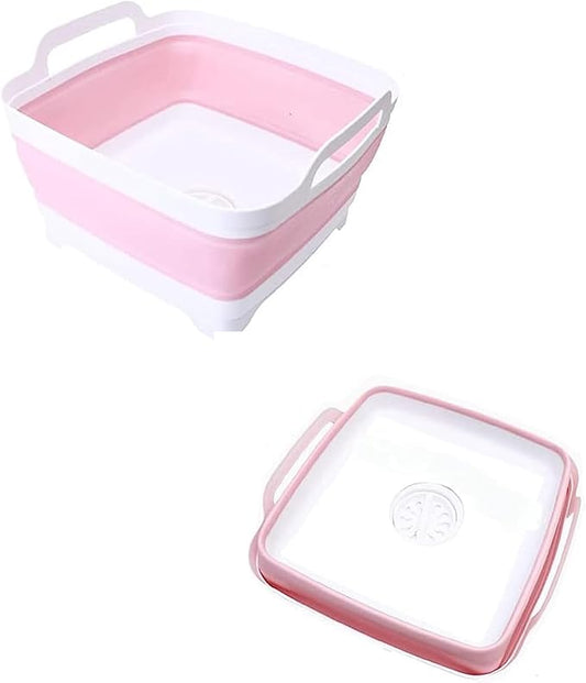 Dishpan for Washing Dishes,9L Collapsible Dish Tub Portable Sink,Wash Dish Basin,Foldable Laundry Tub,Washing Basin with Drain Plug,Dishpan for Kitchen Sink,Camping Dish Washing Tub,Pink
