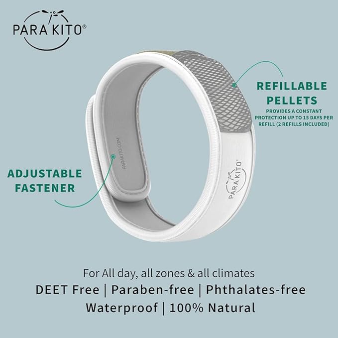 PARA'KITO Mosquito Insect & Bug Repellent Wristband - Waterproof, Outdoor Pest Repeller Bracelet w/Natural Essential Oils (White)