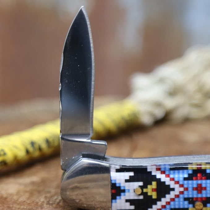 WHISKEY BENT HAT CO. Traditional Canoe Folding Pocket Knife w/Filework 3.63" Closed Length 440C Stainless Steel Blades (Sky Bead)