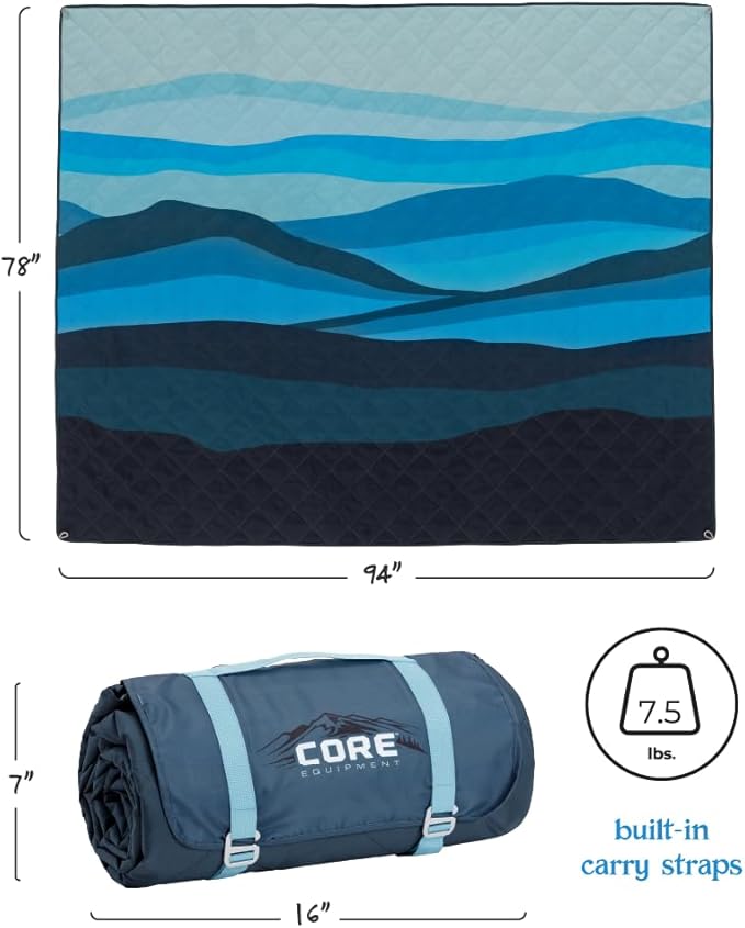 CORE Outdoor Weighted Blanket | Packable Waterproof Picnic Blanket, Beach Mat, Tent Camping Rug, & Stadium Blanket | Large Portable 94" x 78" Quilt Design with Built-in Straps and Carry Handle